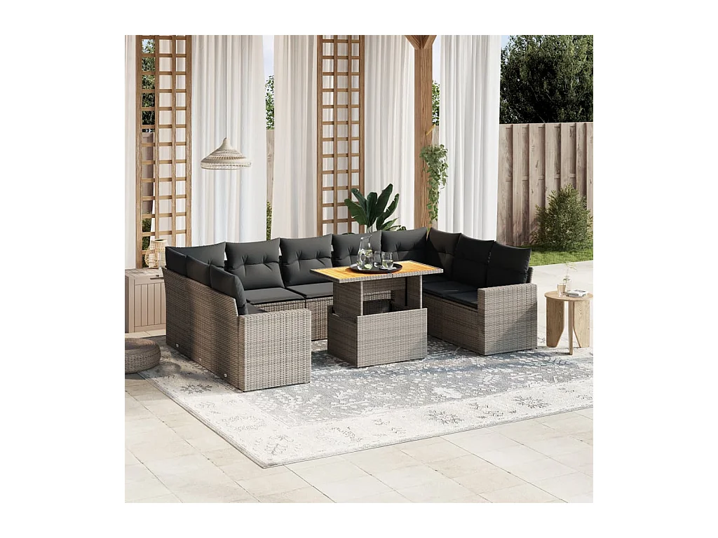 Set Divano da Giardino 10 pz con Cuscini Grigio in Polyrattan