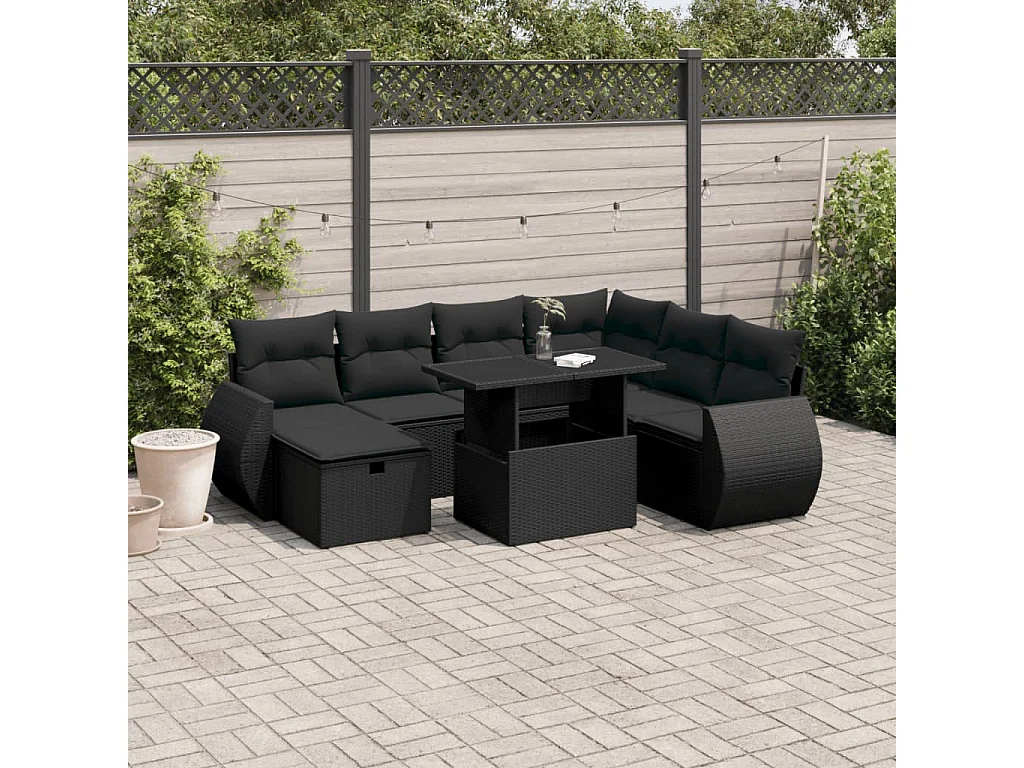 8 pcs conjunto sofás de jardim com almofadões vime PE preto