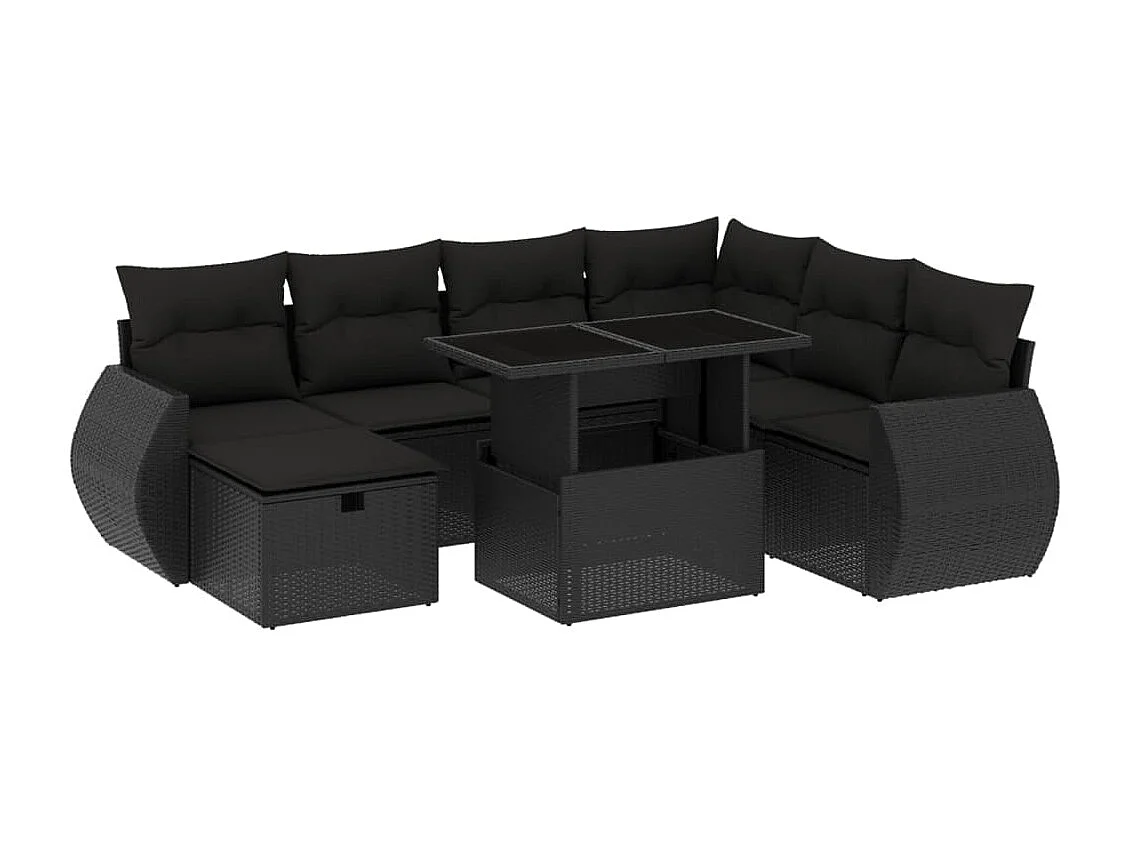 8 pcs conjunto sofás de jardim com almofadões vime PE preto