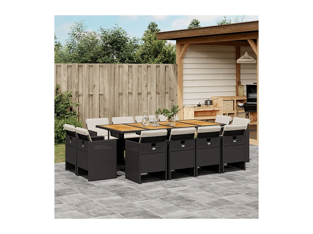 Set da Pranzo da Giardino 13pz con Cuscini Nero in Polyrattan