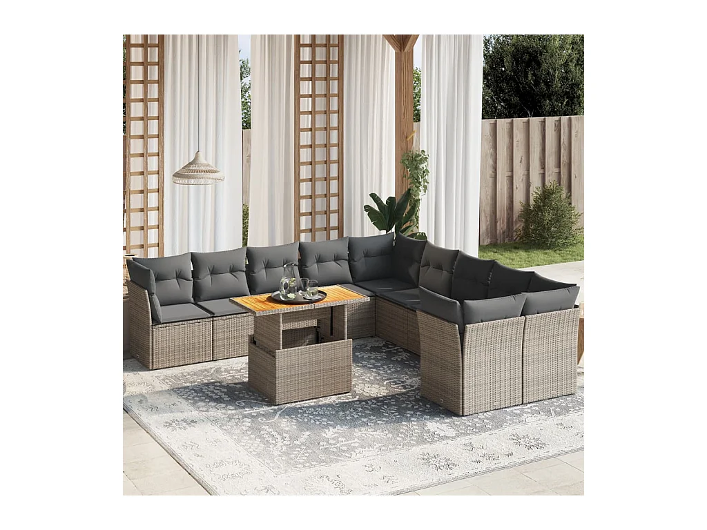 Salon de jardin 11 pcs avec coussins gris résine tressée