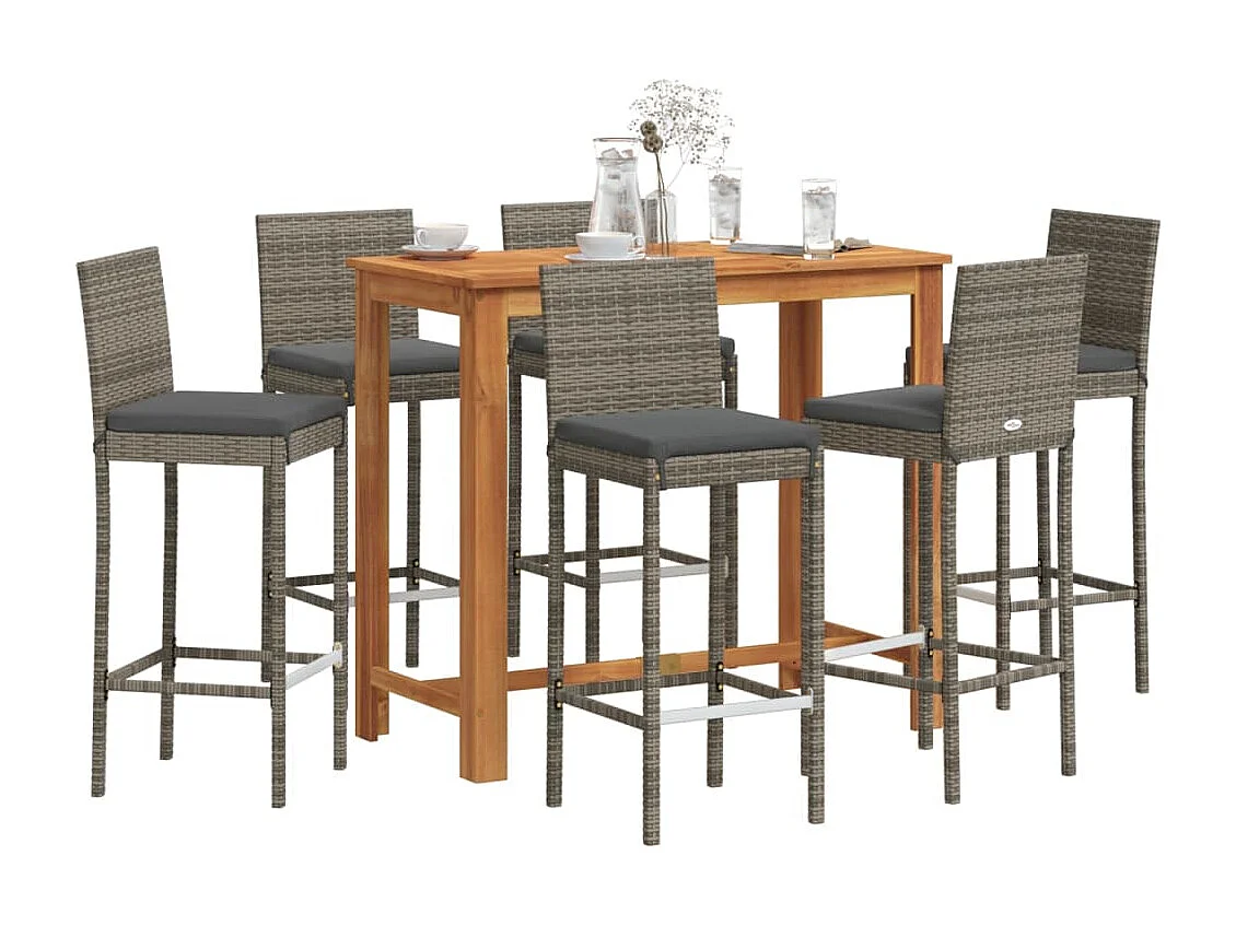 7-tlg. Gartenbar-Set Grau Massivholz Akazie und Poly Rattan
