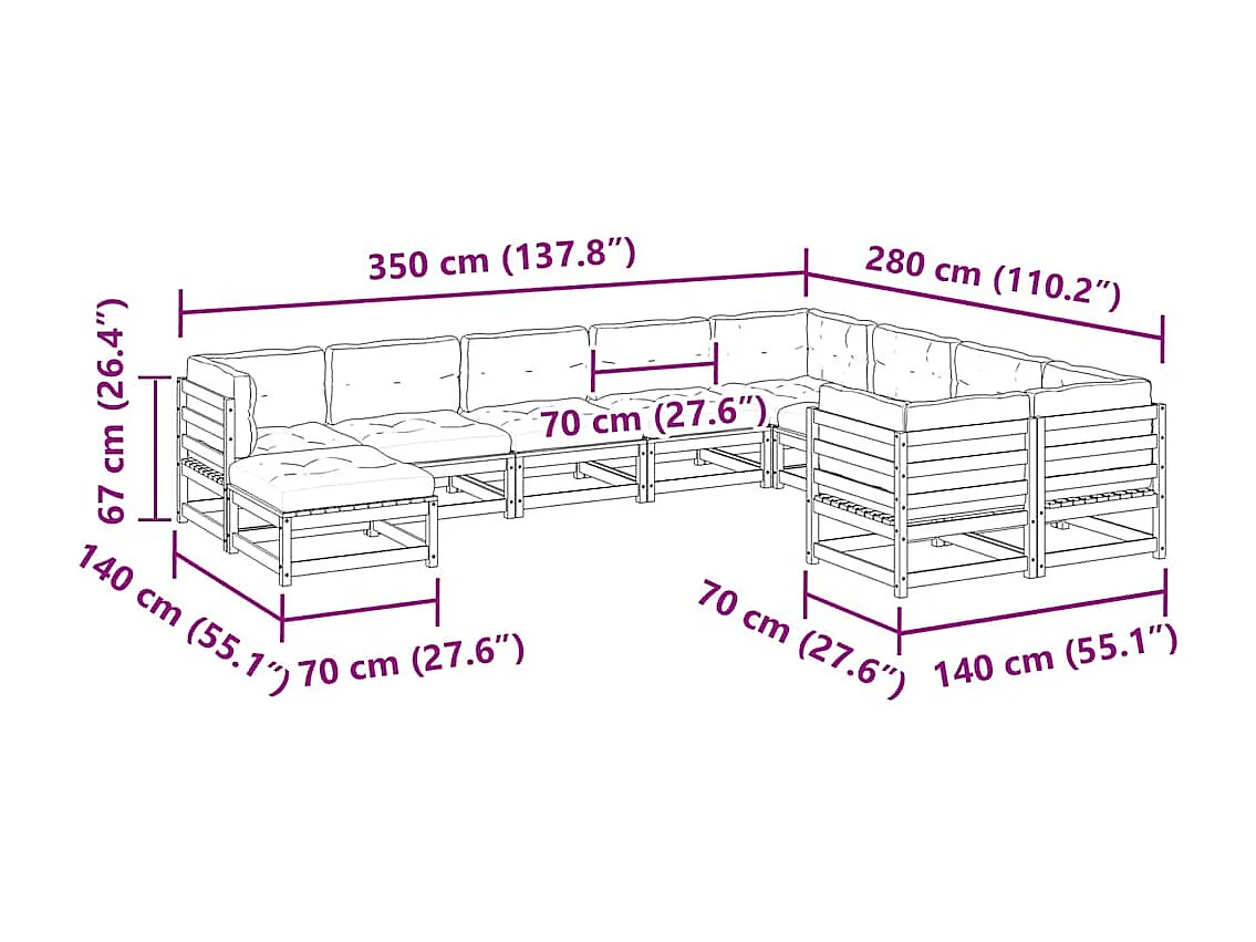 Salon de jardin avec coussins 10 pcs bois massif sapin douglas