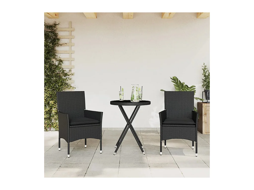 Ensemble de bistro avec coussins 3pcs noir résine tressée verre