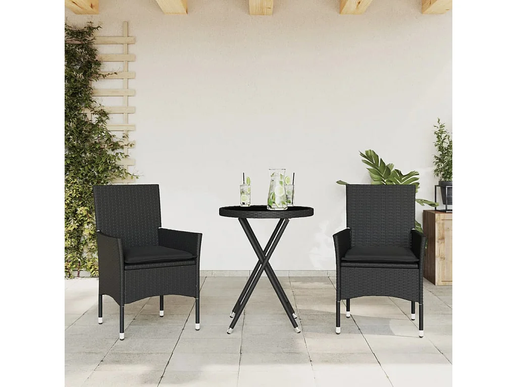 Ensemble de bistro avec coussins 3pcs noir résine tressée verre