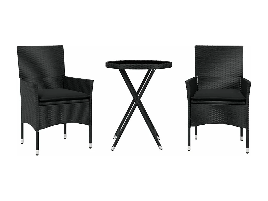 Ensemble de bistro avec coussins 3pcs noir résine tressée verre