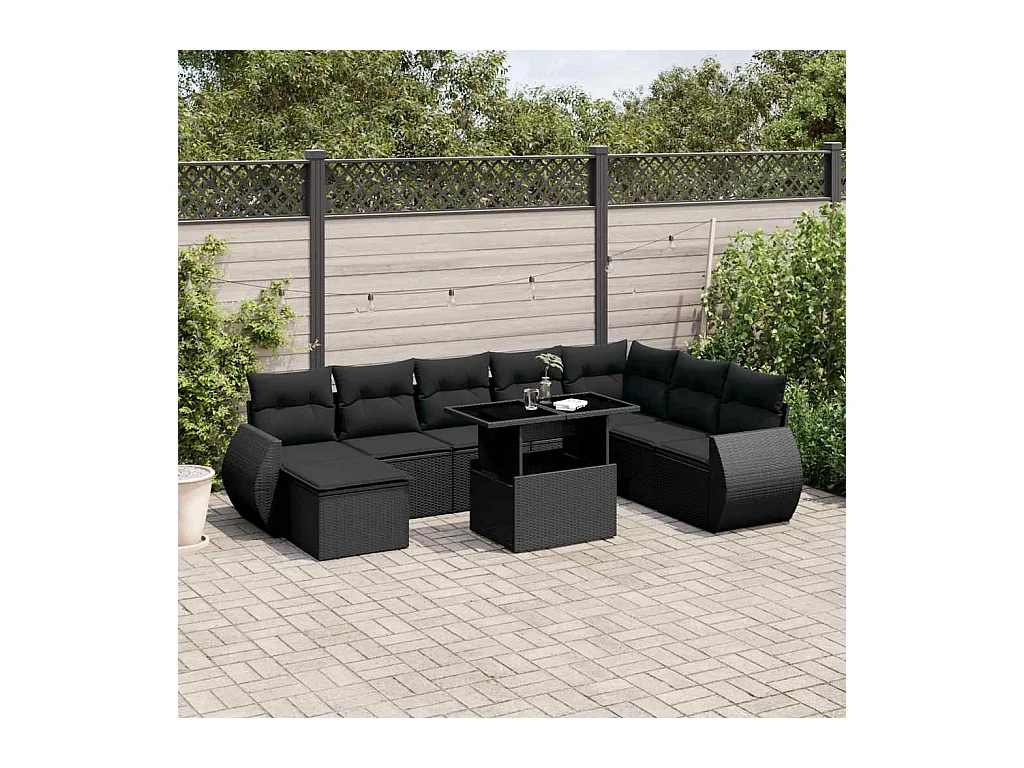 Salon de jardin 9 pcs avec coussins noir résine tressée