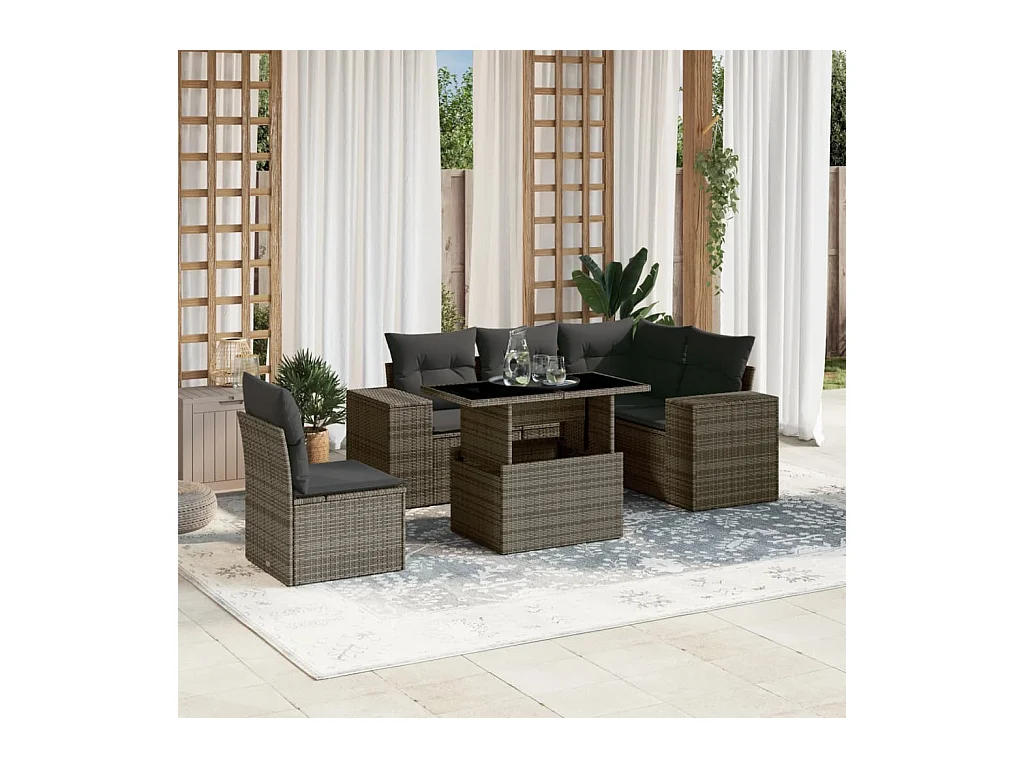 Salon de jardin 6 pcs avec coussins gris résine tressée