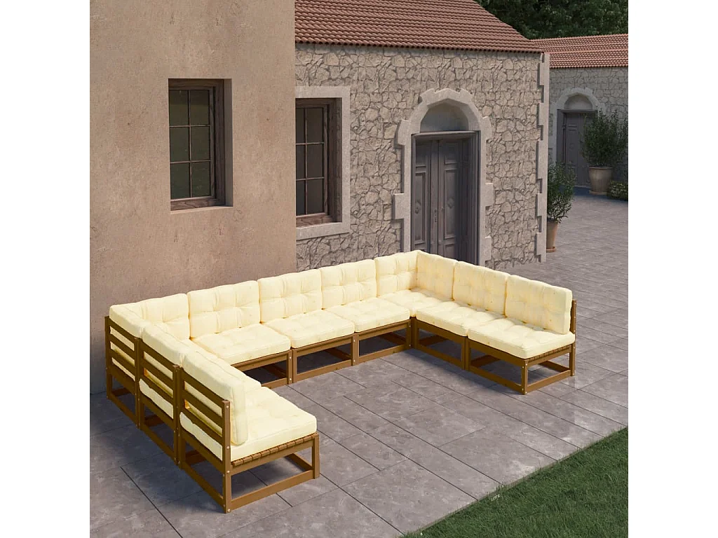 Salon de jardin 9 pcs avec coussins Marron miel Bois de pin
