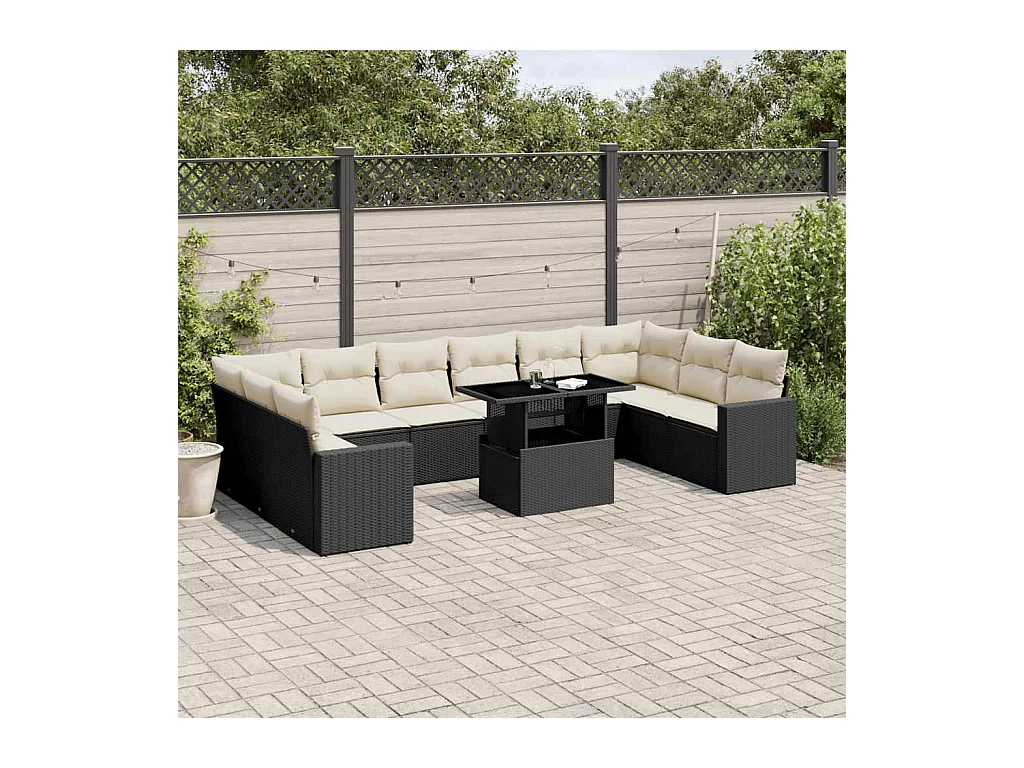 Set de sofás de jardín 11 pzas y cojines ratán sintético negro