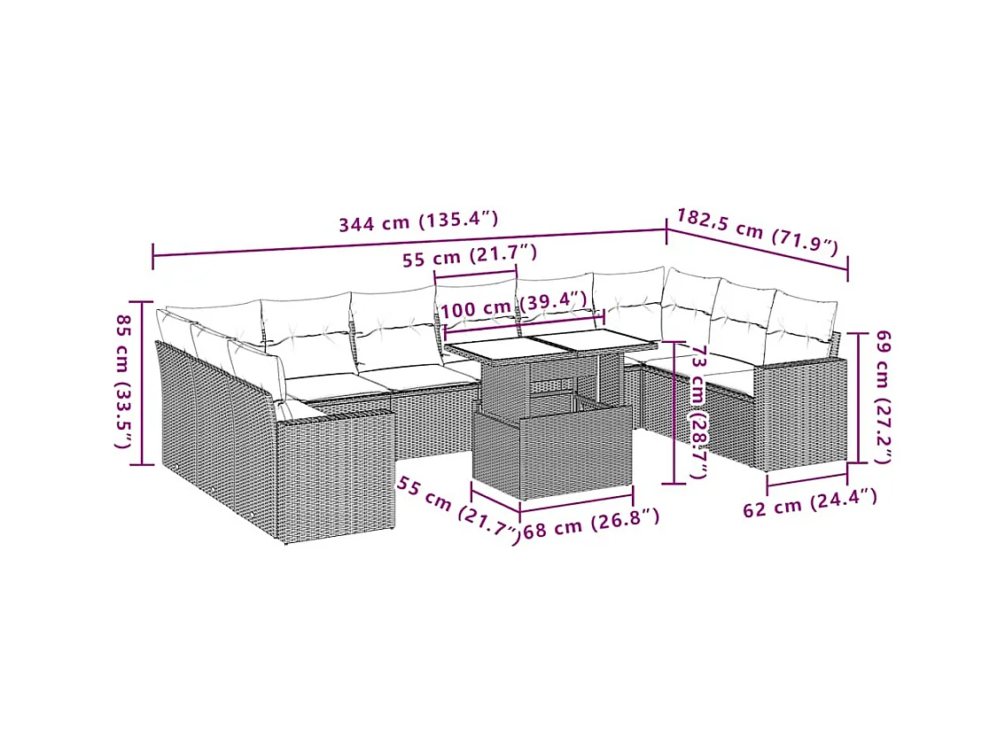Set Divani da Giardino 11 pz con Cuscini in Polyrattan Nero