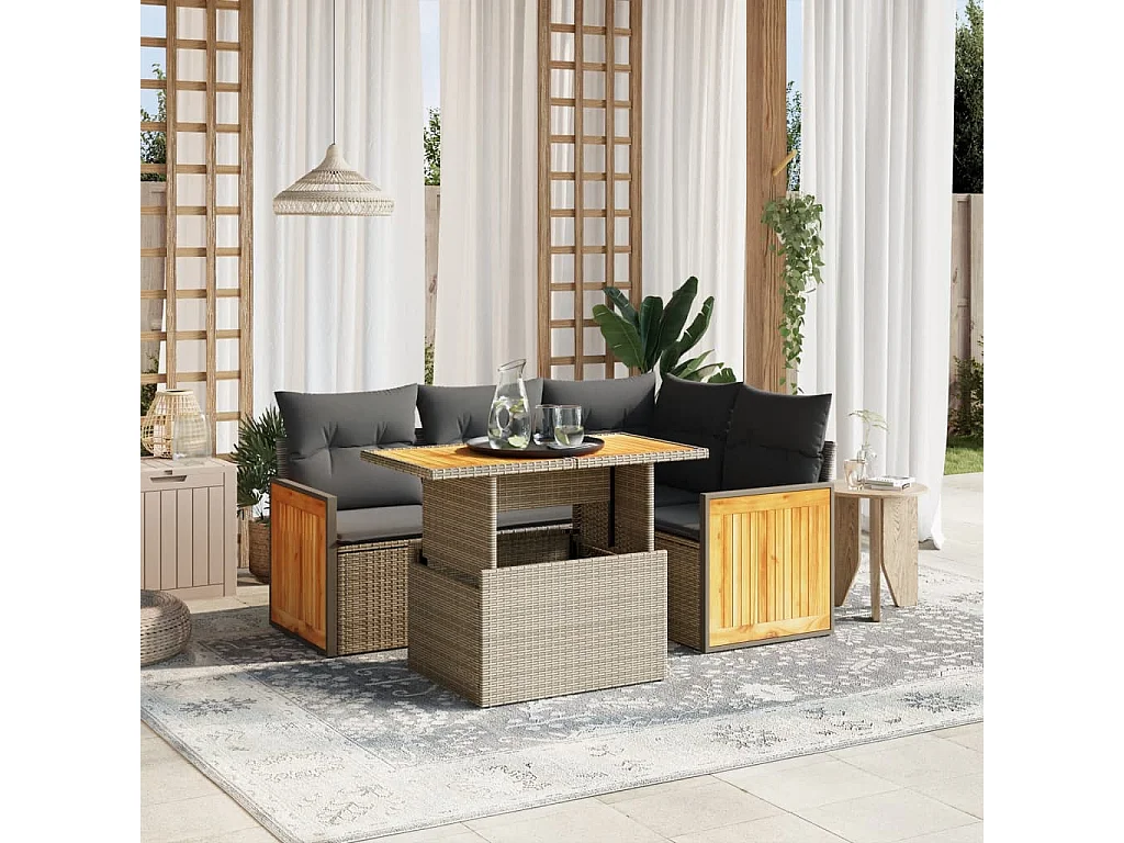 Salon de jardin 5 pcs avec coussins gris résine tressée