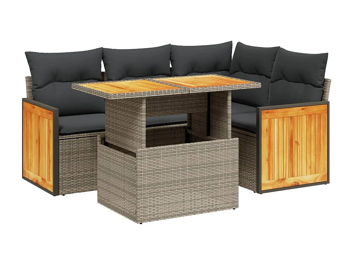 Salon de jardin 5 pcs avec coussins gris résine tressée