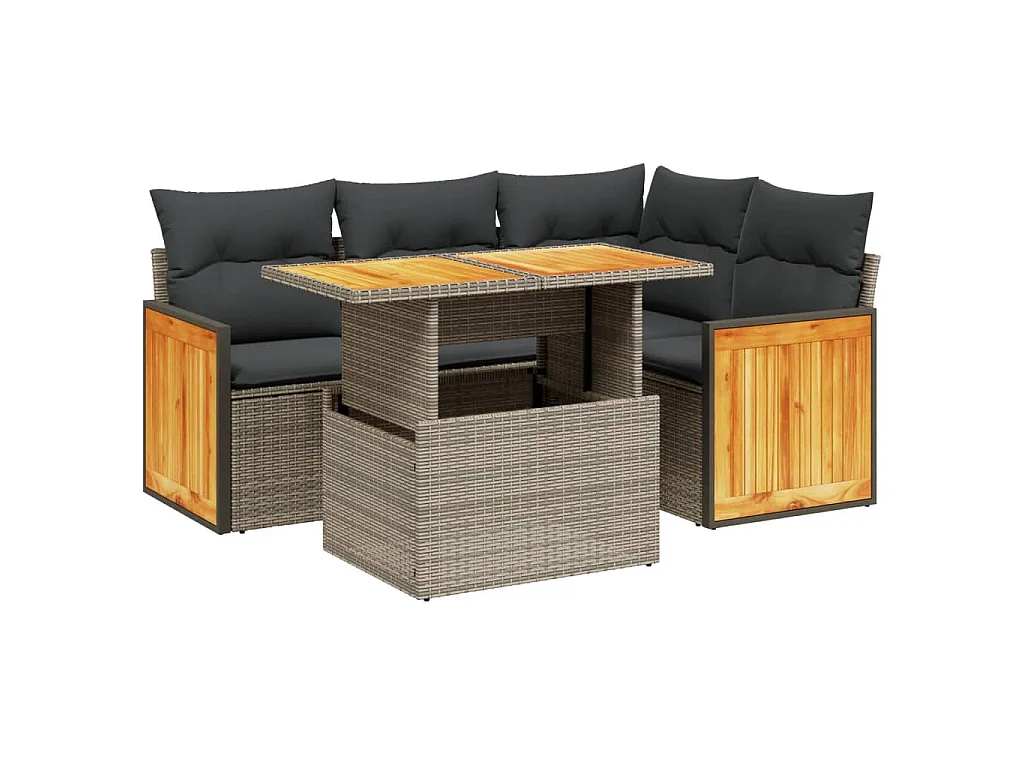 Salon de jardin 5 pcs avec coussins gris résine tressée