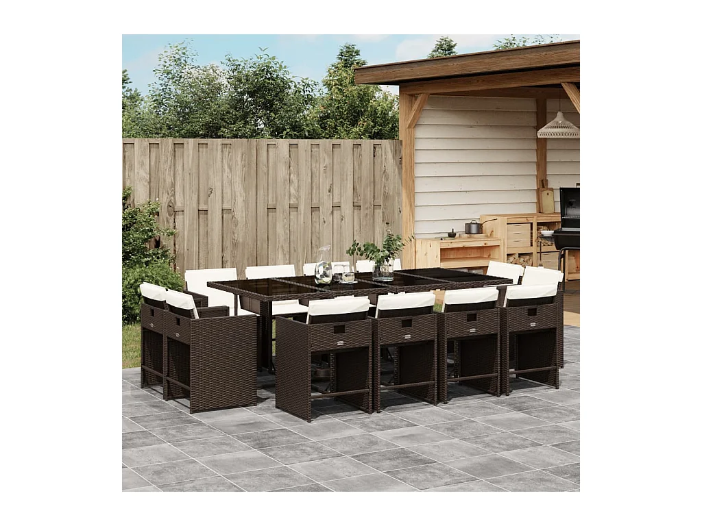 13-tlg. Garten-Essgruppe mit Kissen Braun Poly Rattan