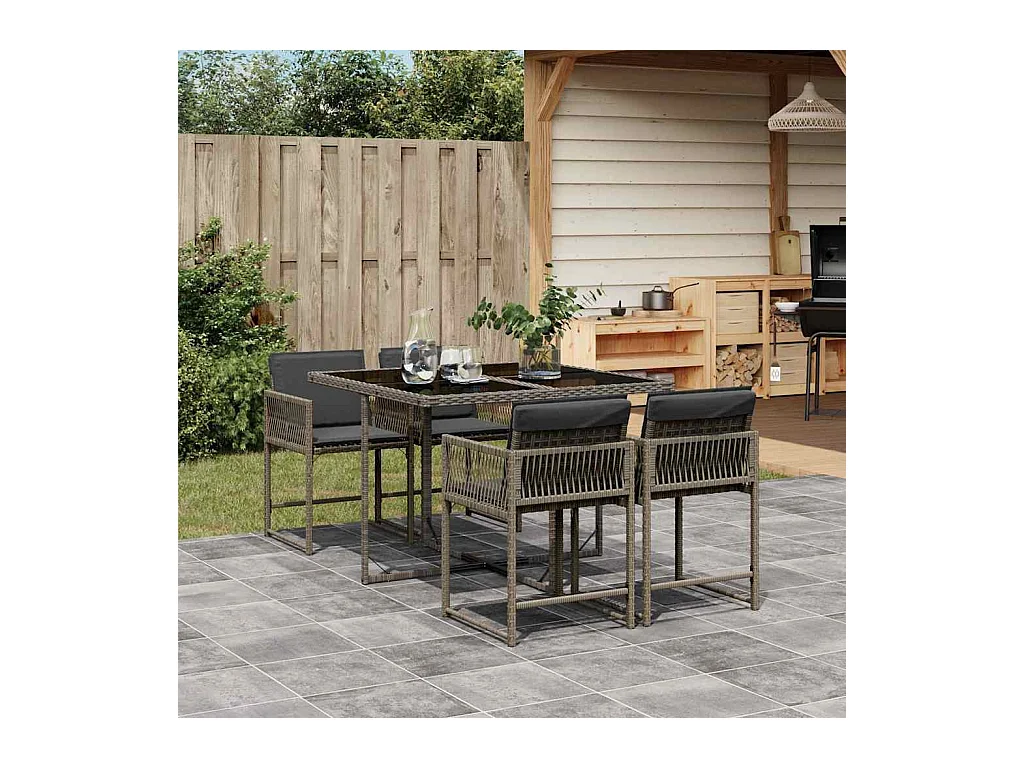 Set da Pranzo da Giardino 5 pz con Cuscini in Polyrattan Grigio