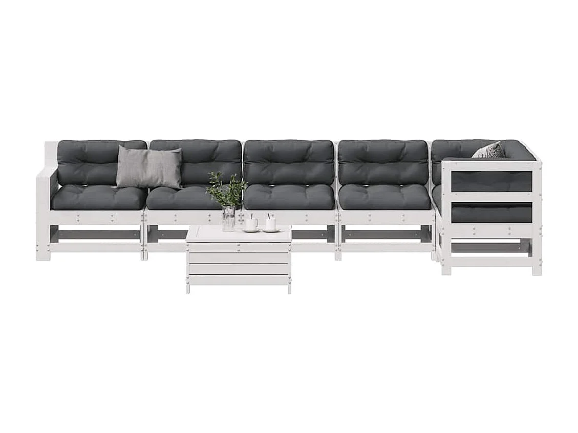 Salon de jardin 7 pcs avec coussins blanc bois de pin massif