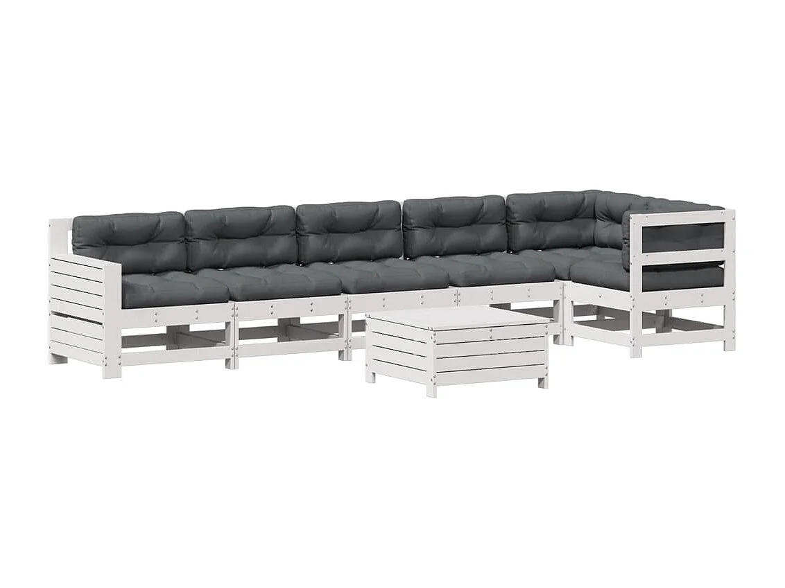 Salon de jardin 7 pcs avec coussins blanc bois de pin massif