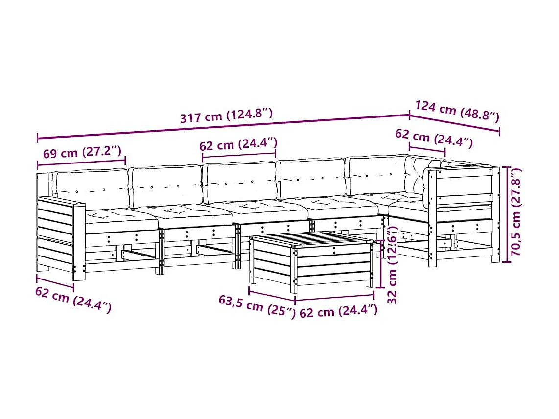 Salon de jardin 7 pcs avec coussins blanc bois de pin massif