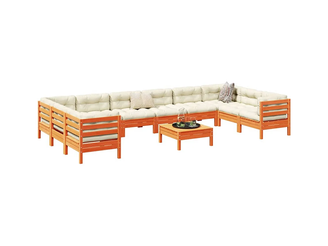 Salon de jardin avec coussins 11pcs cire marron bois pin massif