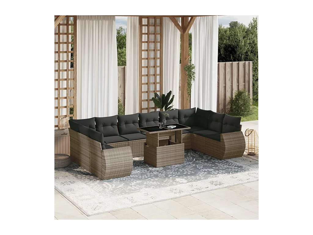 Salon de jardin 11 pcs avec coussins gris résine tressée