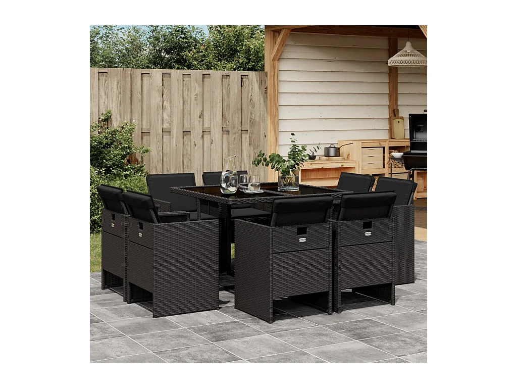 Set da Pranzo da Giardino 9 pz con Cuscini Nero in Polyrattan