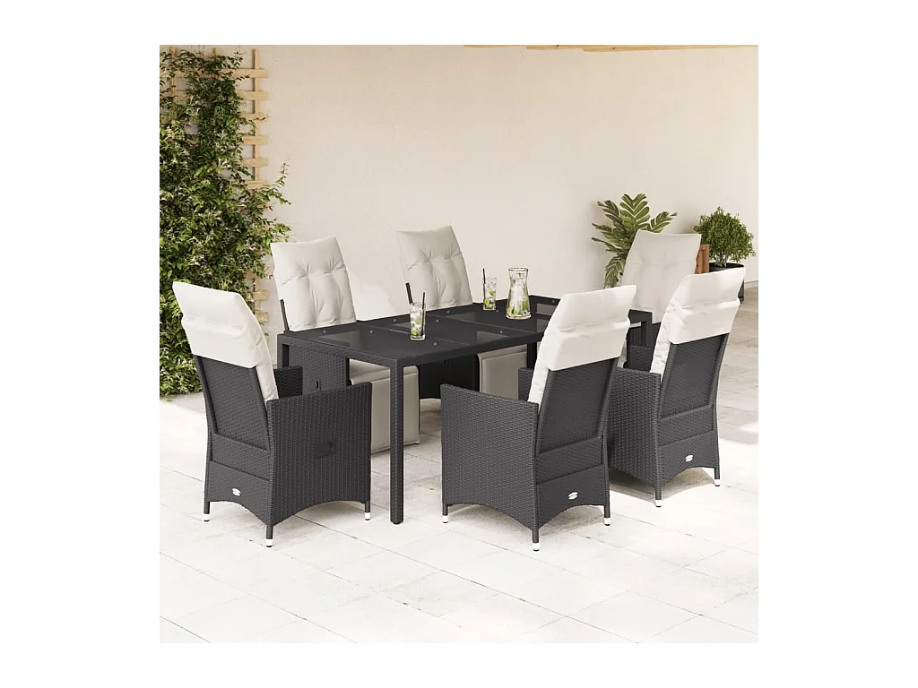 Set da Pranzo da Giardino 7 pz Nero con Cuscini in Polyrattan