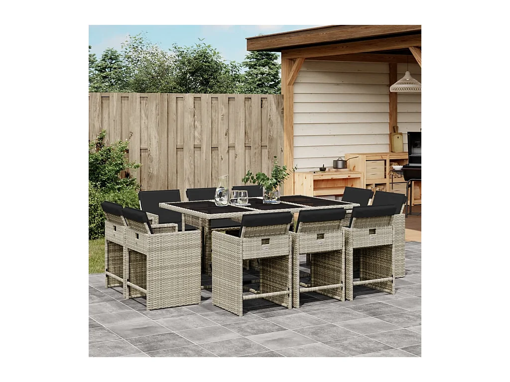 Ensemble à manger de jardin 11pcs avec coussins gris poly rotin