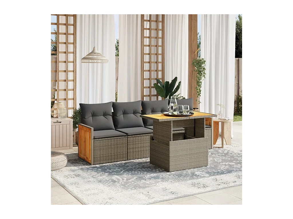 Salon de jardin 5 pcs avec coussins gris résine tressée