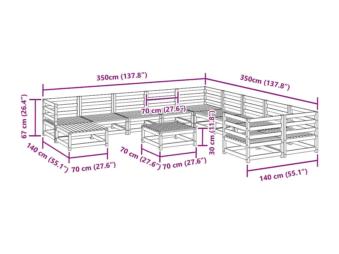 12-delige Loungeset massief grenenhout wasbruin
