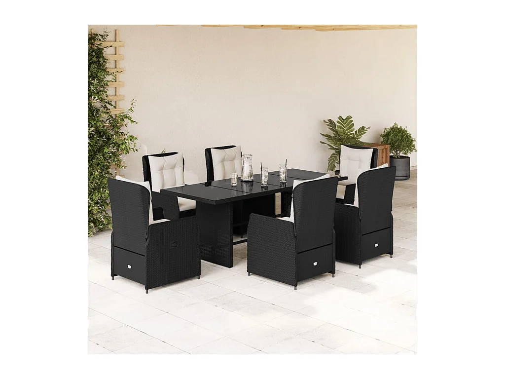 Ensemble à manger de jardin coussins 7pcs Noir Résine tressée