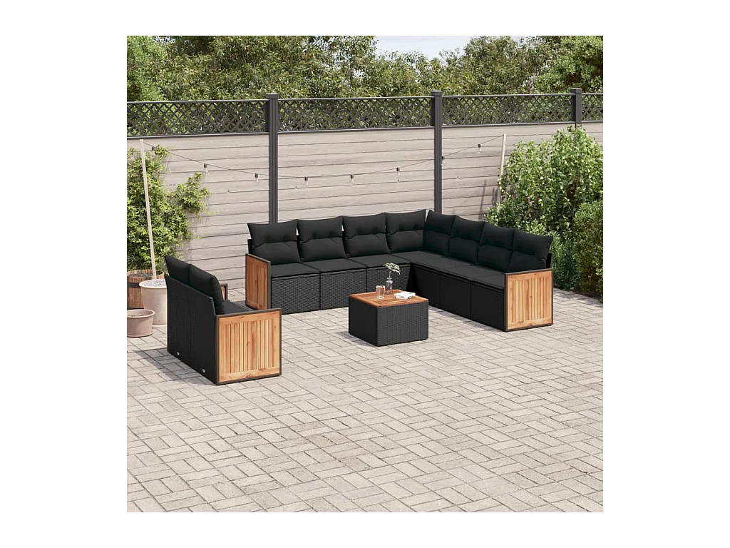 Salon de jardin 10 pcs avec coussins noir résine tressée