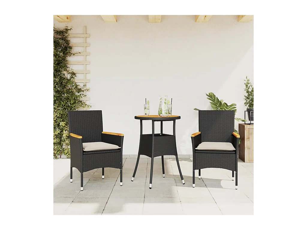 Set Pranzo da Giardino 3 pz con Cuscini Nero Polyrattan Acacia