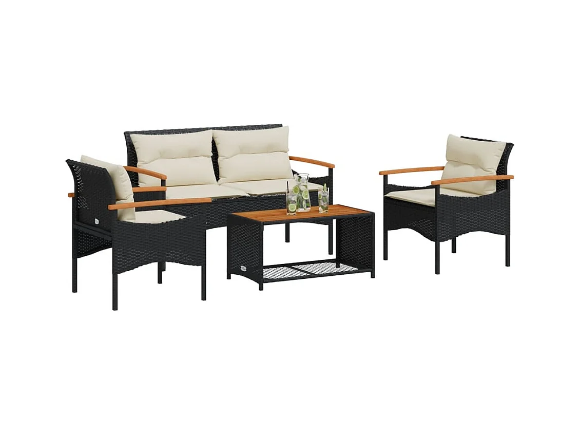 Salon de jardin 4 pcs avec coussins noir résine tressée