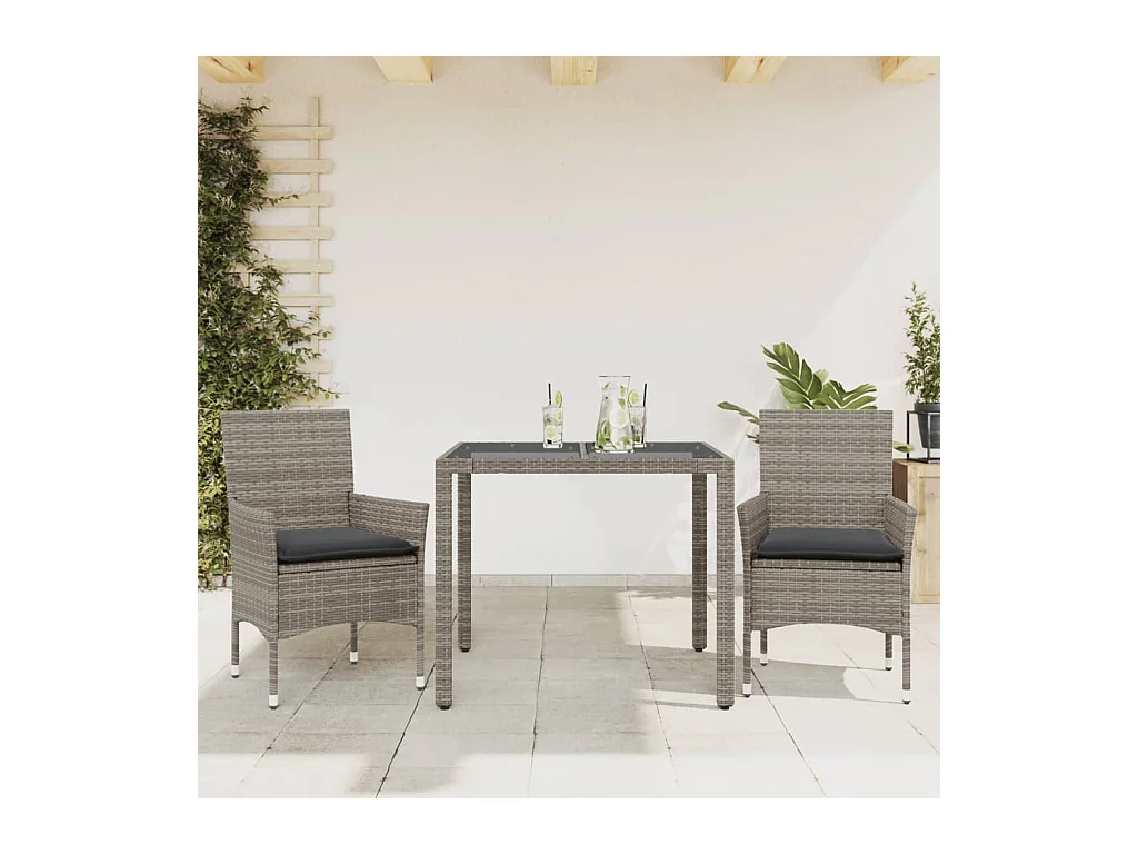Set da Pranzo da Giardino 3pz con Cuscini in Polyrattan e Vetro