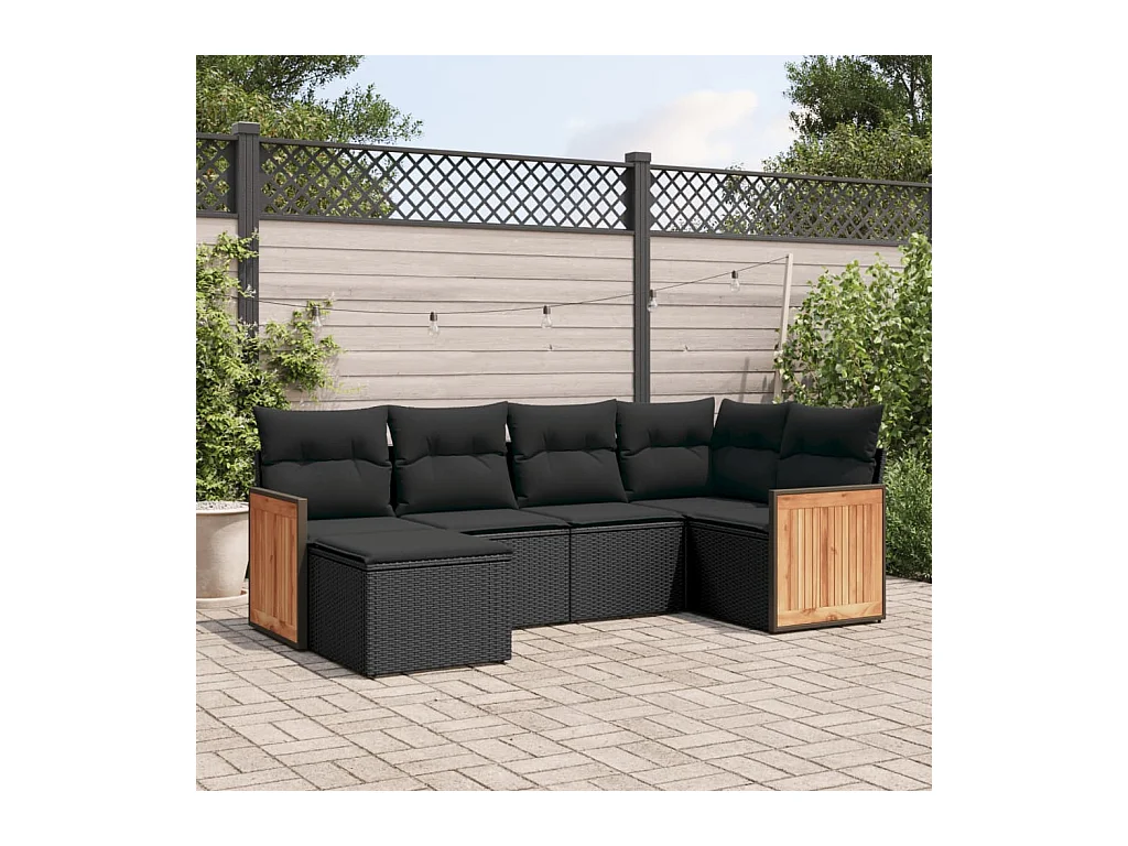 Salon de jardin 6 pcs avec coussins noir résine tressée