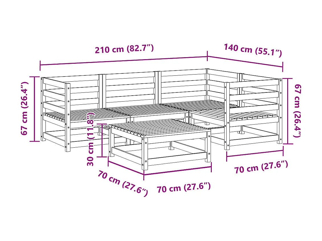 Set Divani da Giardino 5 pz in Legno Massello di Pino