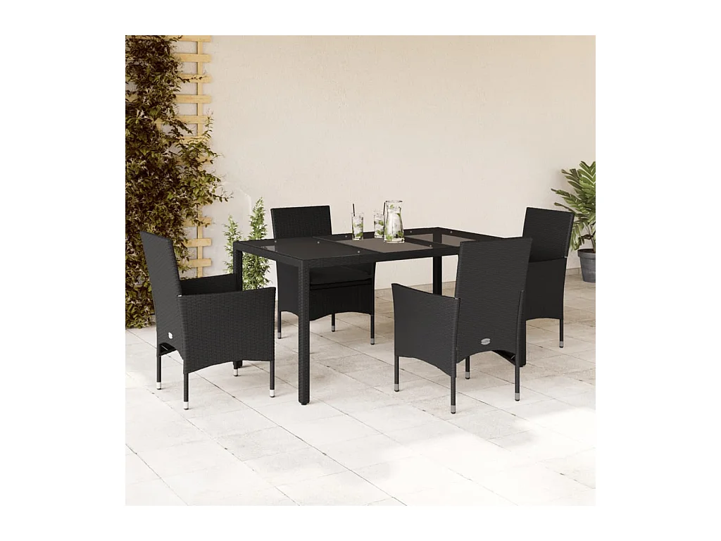 Ensemble à manger de jardin et coussins 5 pcs noir rotin verre