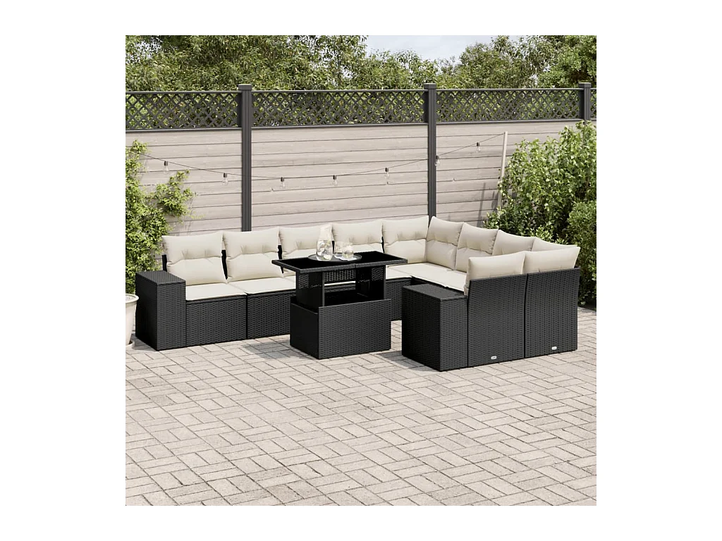 Salon de jardin 10 pcs avec coussins noir résine tressée