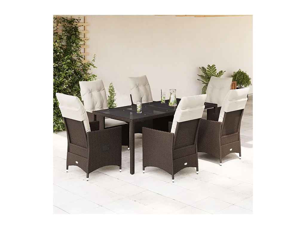 Ensemble à manger de jardin et coussins 7 pcs marron rotin