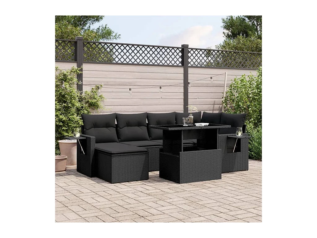 7-tlg. Garten-Sofagarnitur mit Kissen Schwarz Poly Rattan