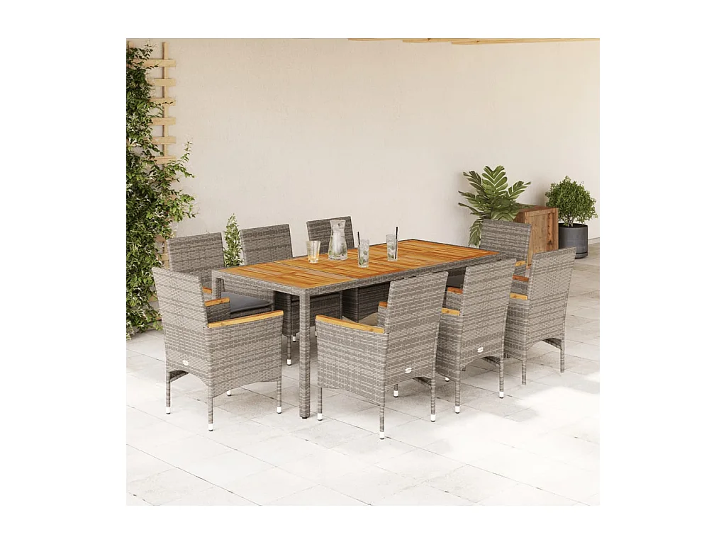 Ensemble à manger de jardin et coussins 9 pcs gris rotin acacia
