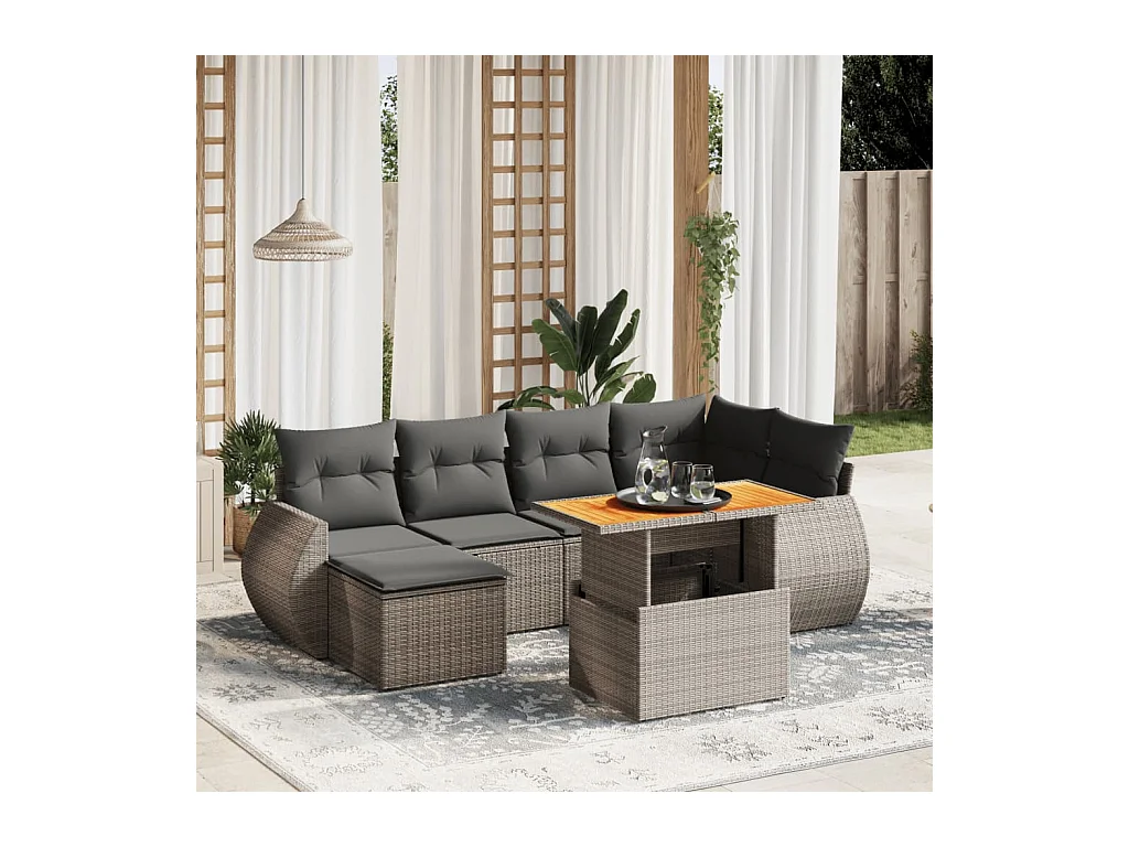Salon de jardin avec coussins 7 pcs gris résine tressée