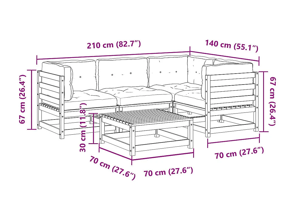 Salon de jardin 5 pcs et coussins bois massif sapin de douglas