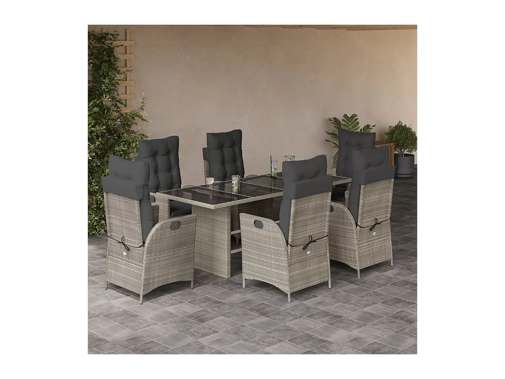 7-tlg. Garten-Essgruppe mit Kissen Hellgrau Poly Rattan