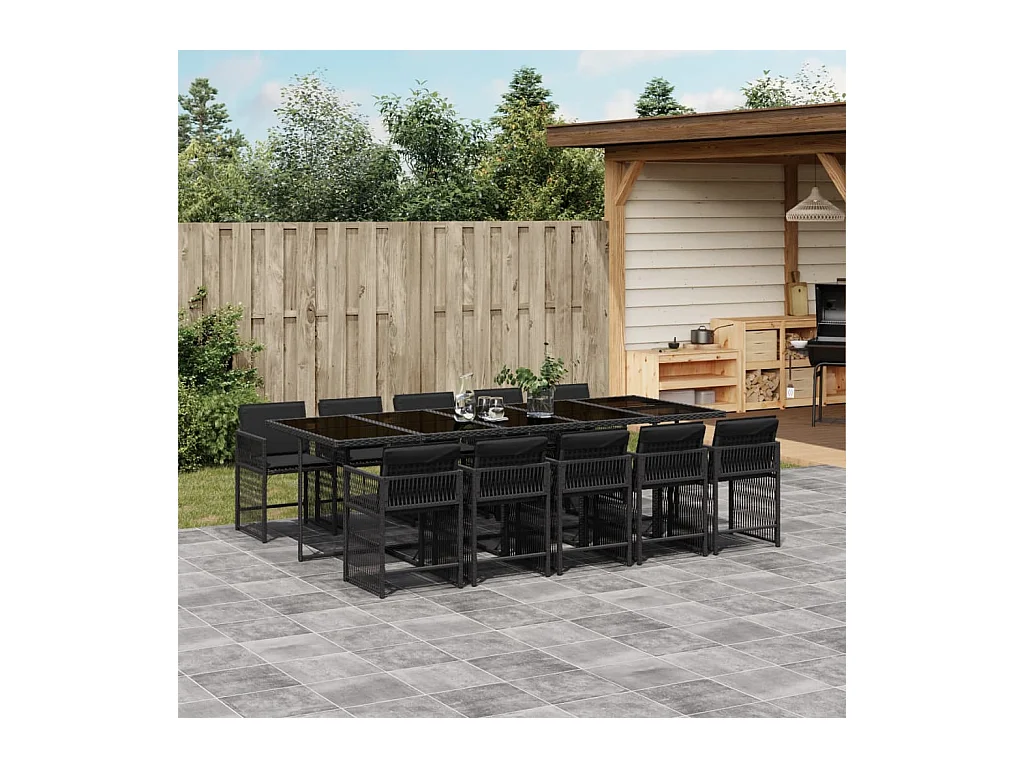 Ensemble à manger de jardin 11 pcs coussins noir résine tressée