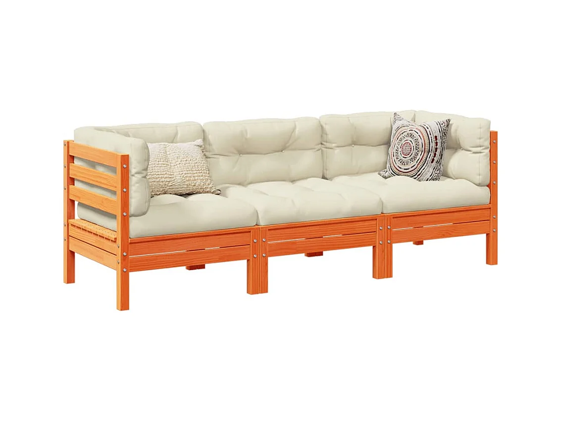 Salon de jardin 3 pcs avec coussins cire marron bois pin massif