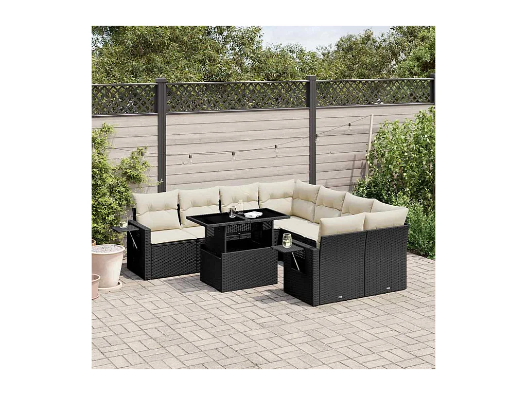 9-delige Loungeset met kussens poly rattan zwart