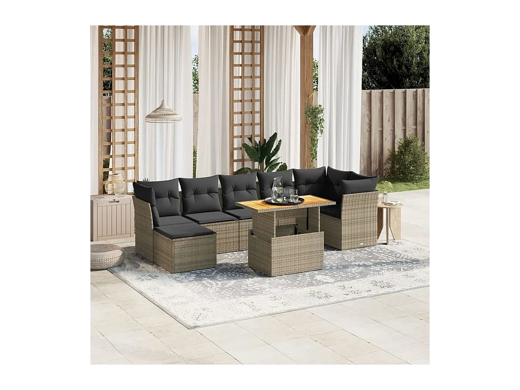 8-delige Loungeset met kussens poly rattan grijs