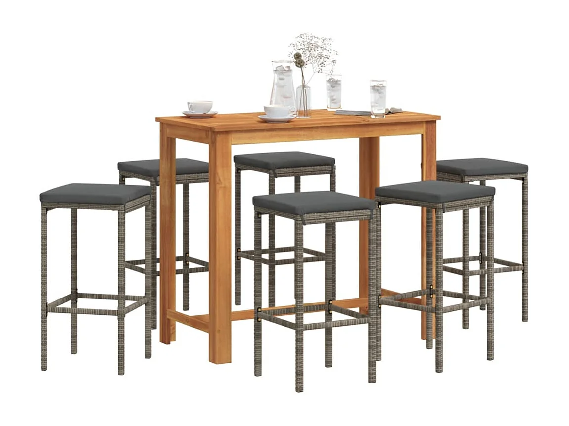 7-tlg. Gartenbar-Set Grau Massivholz Akazie und Poly Rattan